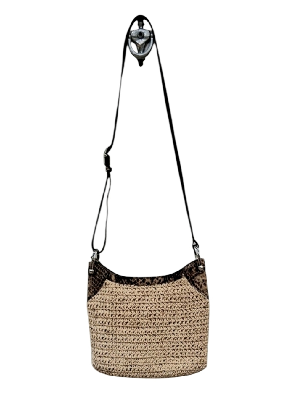 Brighton Leela Crochet Crossbody Bag Snakeskin Embossed Leather Trim - Picture 4 of 10